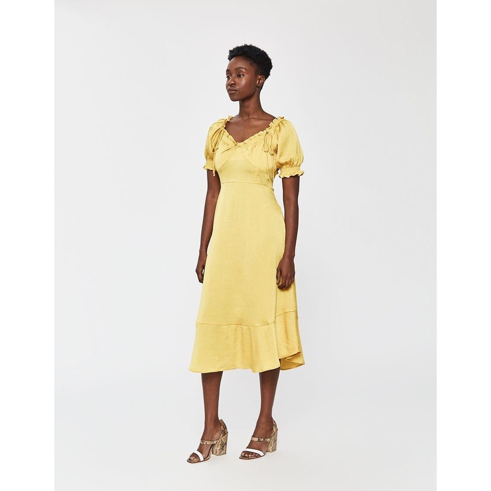 Farrow Yellow Satin Ruffle Tie Neck‎ Midi Dress Size M